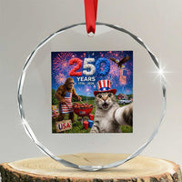 Cat Selfie with Bigfoot USA 250 Years Crystal Glass Ornament Funny 4th Of July Cat Graphic