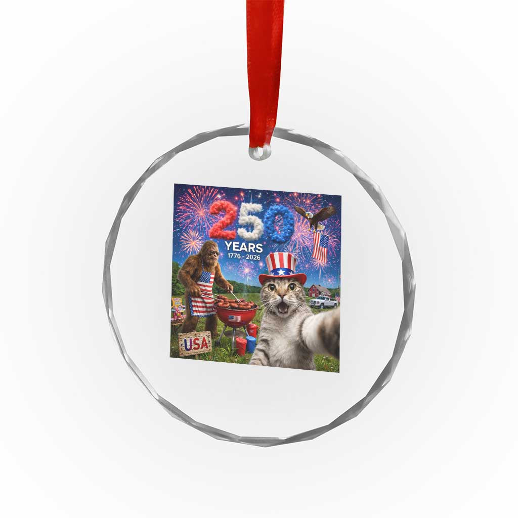 Cat Selfie with Bigfoot USA 250 Years Crystal Glass Ornament Funny 4th Of July Cat Graphic