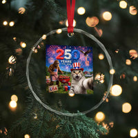 Cat Selfie with Bigfoot USA 250 Years Crystal Glass Ornament Funny 4th Of July Cat Graphic