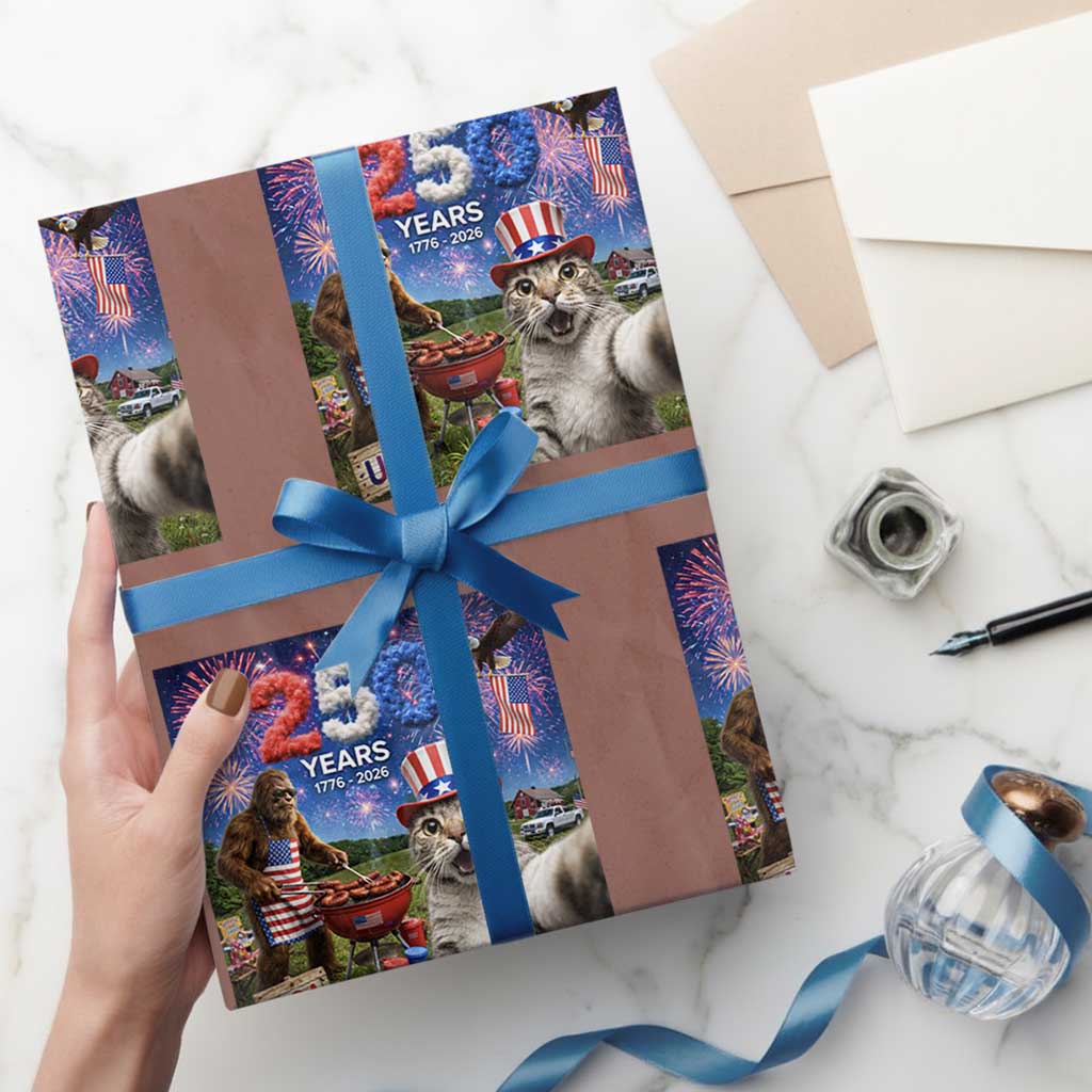 Cat Selfie with Bigfoot USA 250 Years Wrapping Paper Roll Funny 4th Of July Cat Graphic