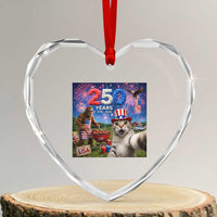Cat Selfie with Bigfoot USA 250 Years Heart Crystal Glass Ornament Funny 4th Of July Cat Graphic