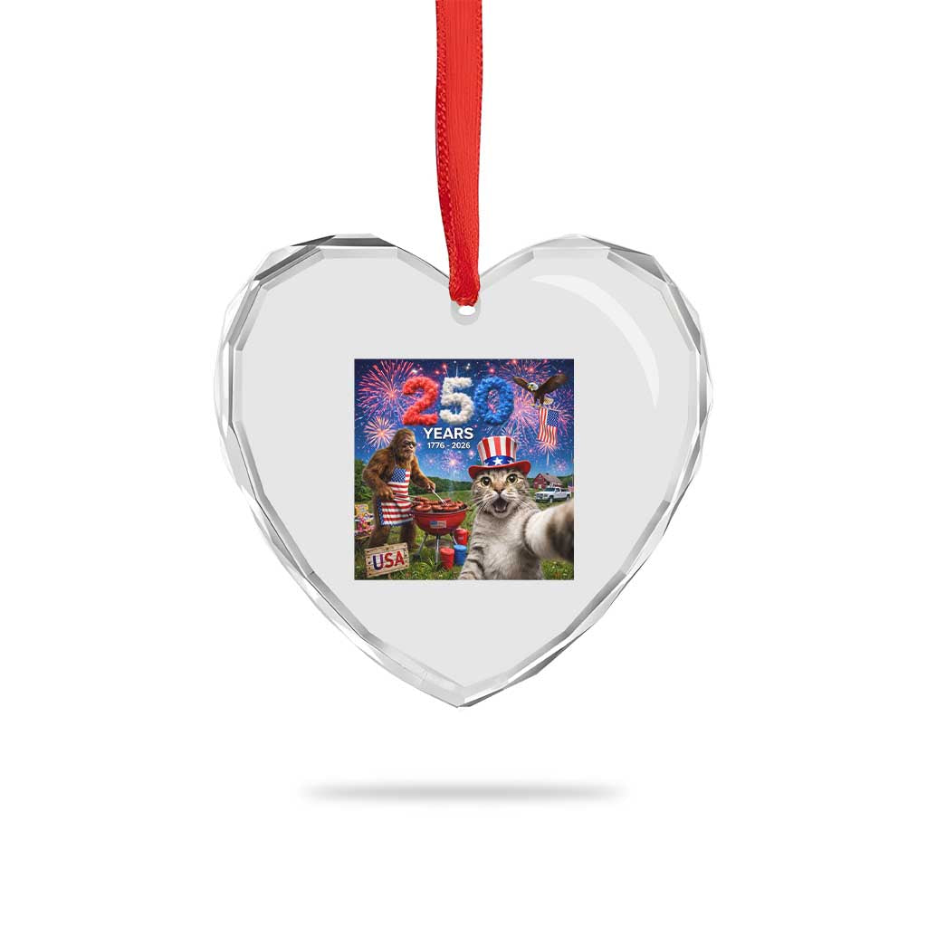 Cat Selfie with Bigfoot USA 250 Years Heart Crystal Glass Ornament Funny 4th Of July Cat Graphic