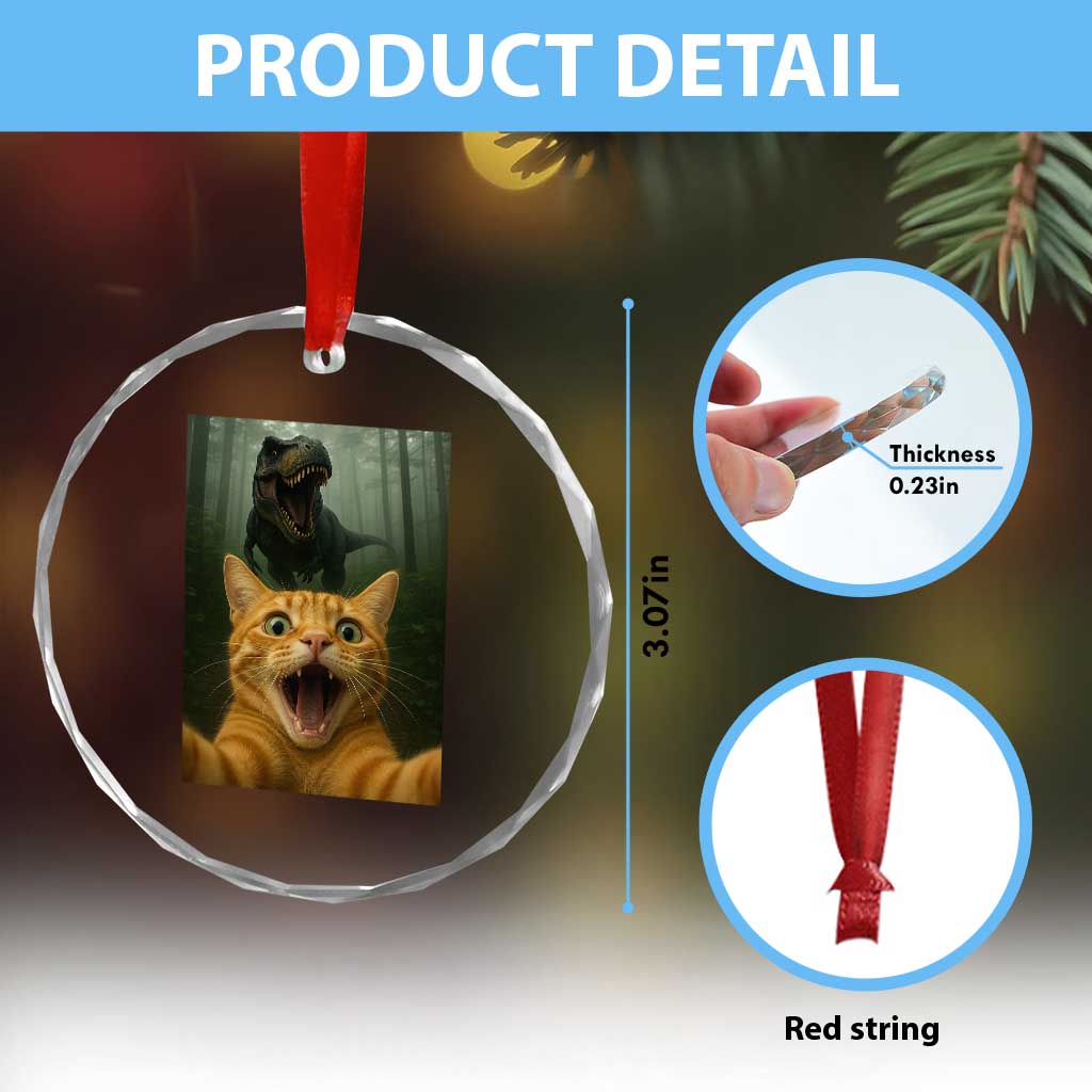 Cat Selfie With Dinosaur Crystal Glass Ornament Funny Cat Gifts - Wonder Print Shop