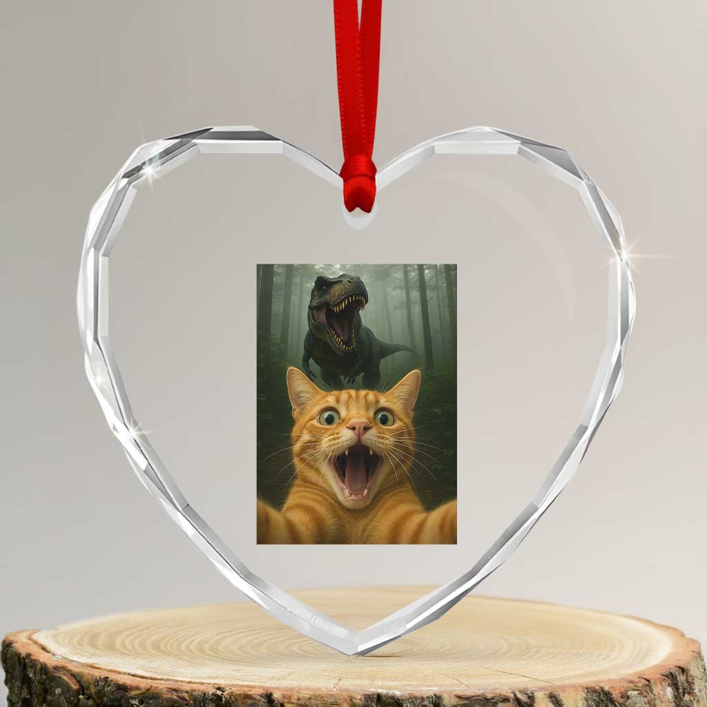 Cat Selfie With Dinosaur Heart Crystal Glass Ornament Funny Cat Gifts - Wonder Print Shop