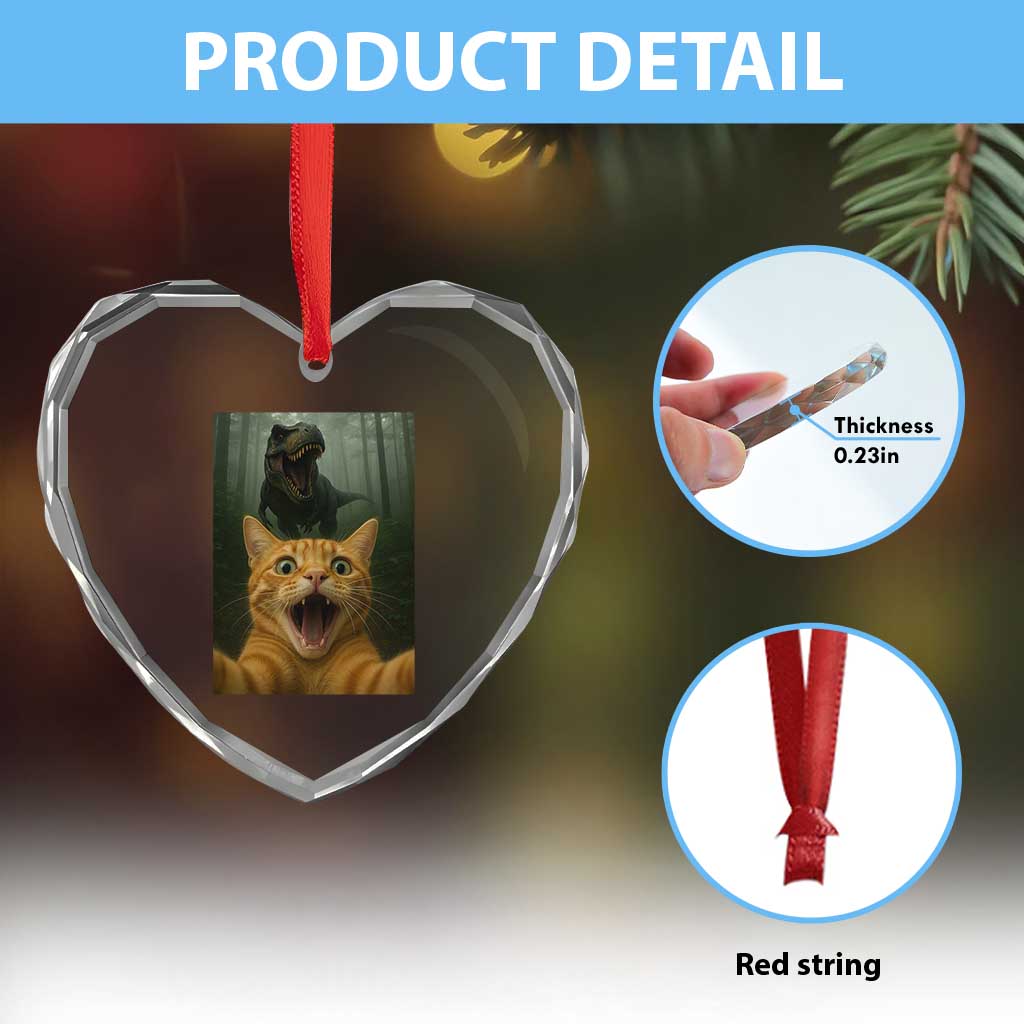 Cat Selfie With Dinosaur Heart Crystal Glass Ornament Funny Cat Gifts - Wonder Print Shop