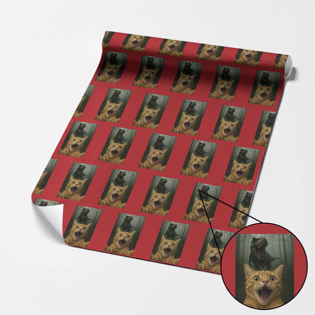 Cat Selfie With Dinosaur Wrapping Paper Roll Funny Cat Gifts - Wonder Print Shop