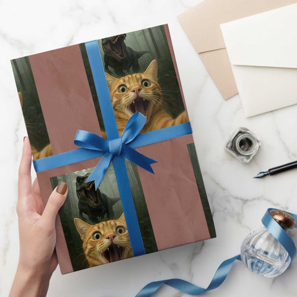 Cat Selfie With Dinosaur Wrapping Paper Roll Funny Cat Gifts - Wonder Print Shop