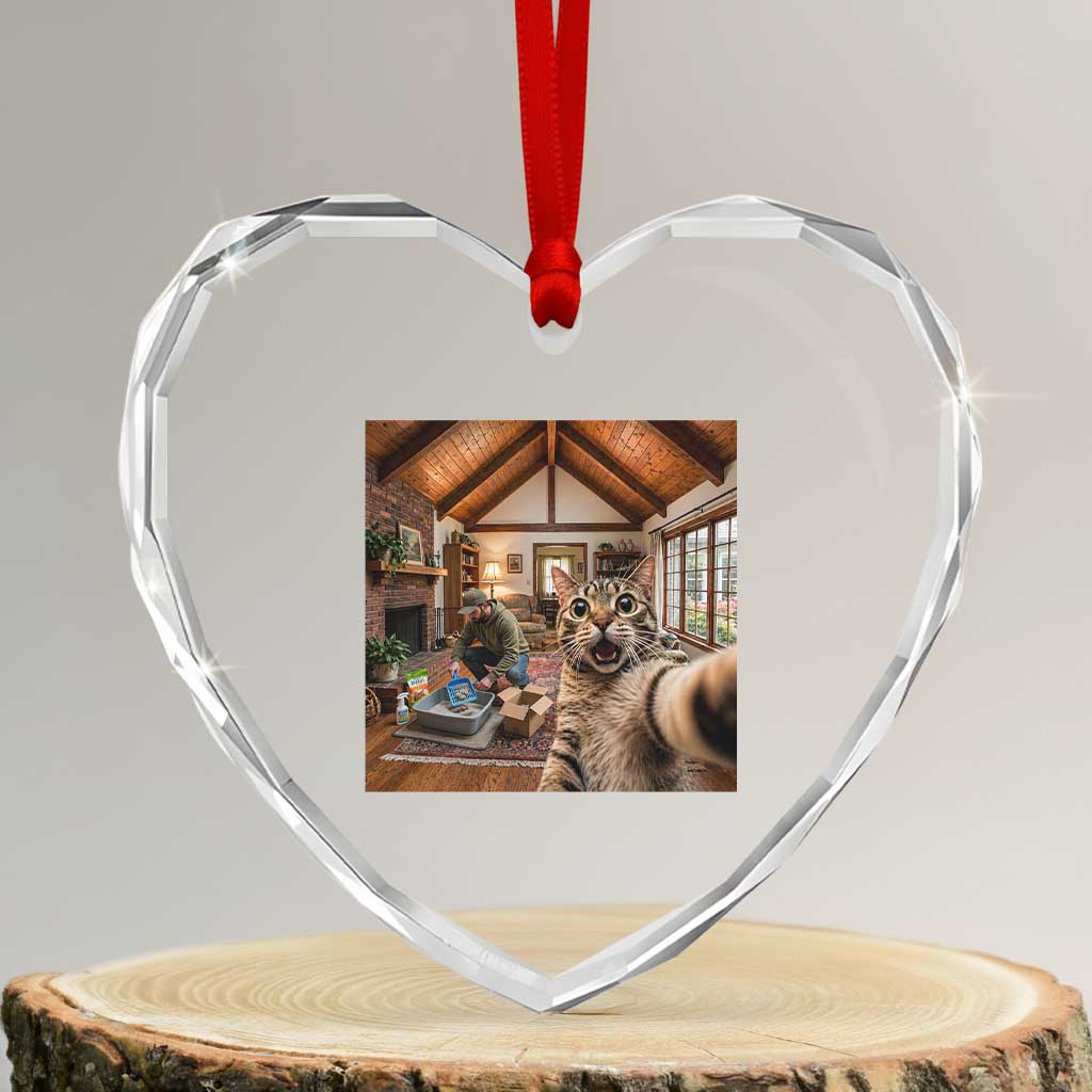 Cat Selfie with Man Funny Cat Dad Heart Crystal Glass Ornament