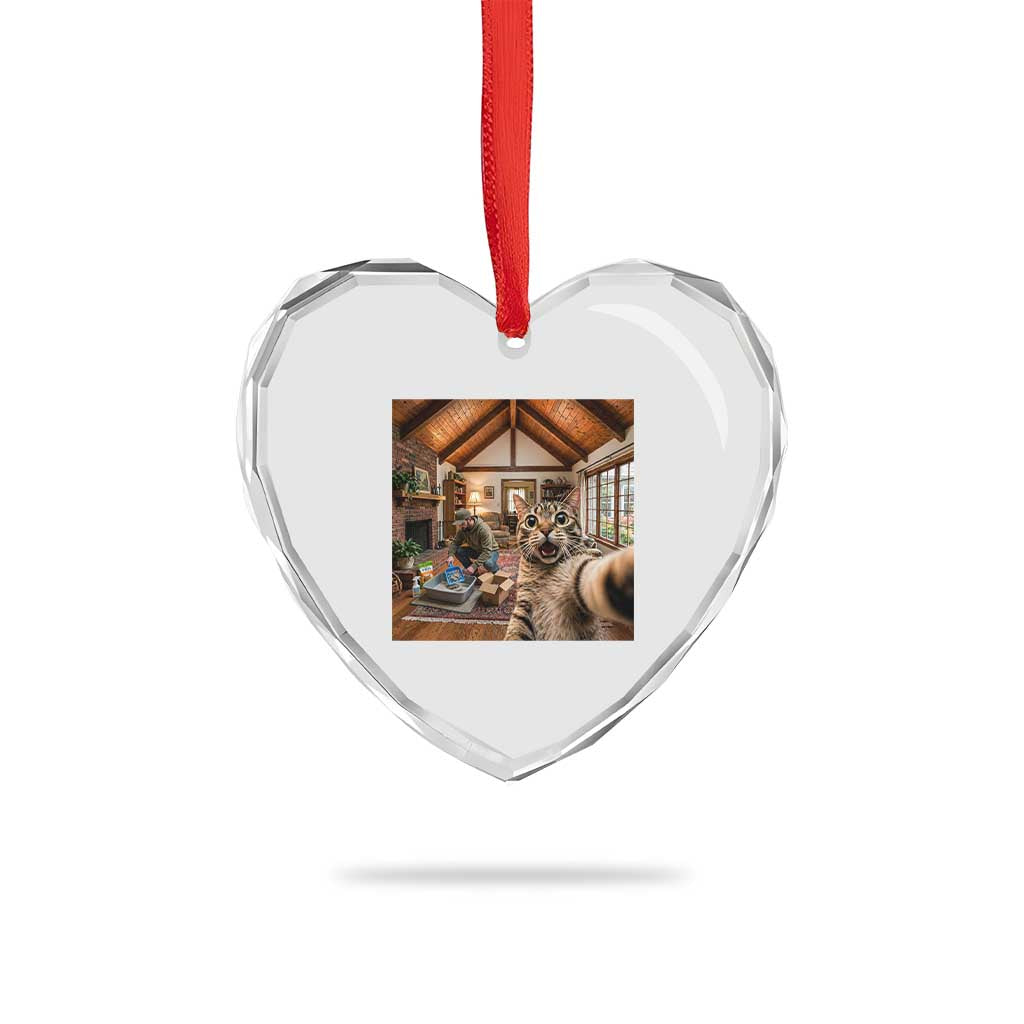 Cat Selfie with Man Funny Cat Dad Heart Crystal Glass Ornament