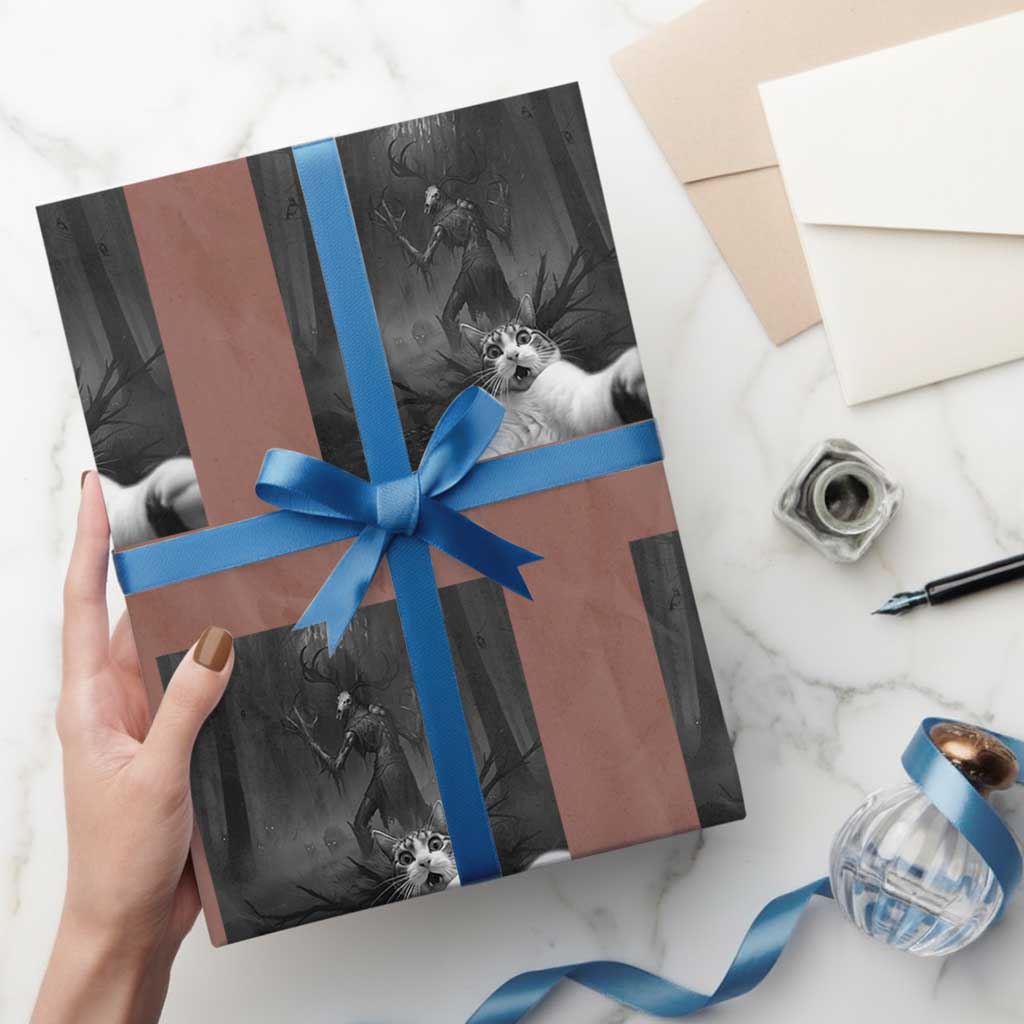Cat Selfie With Wendigo Wrapping Paper Roll Horror Halloween Funny Cat Gifts