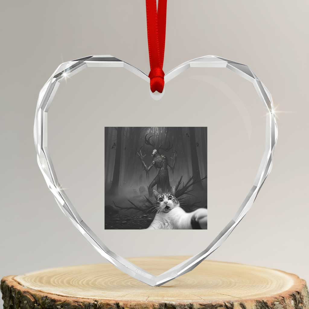 Cat Selfie With Wendigo Heart Crystal Glass Ornament Horror Halloween Funny Cat Gifts