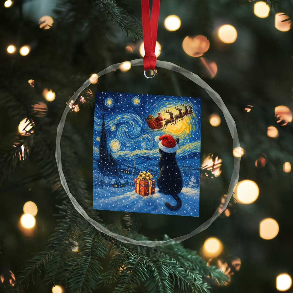 Cat Starry Night Christmas Crystal Glass Ornament Van Gogh Cat Lover Xmas - Wonder Print Shop