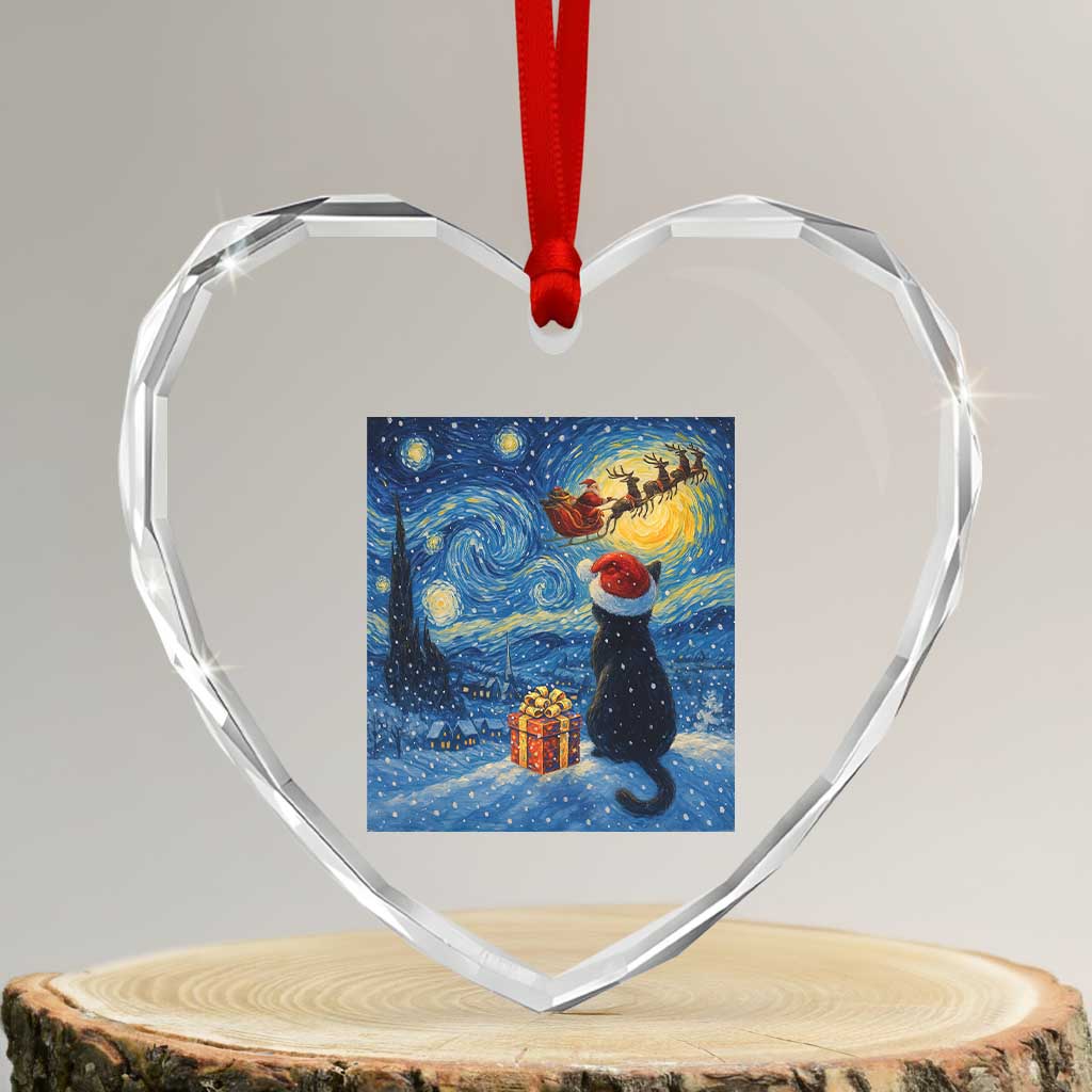 Cat Starry Night Christmas Heart Crystal Glass Ornament Van Gogh Cat Lover Xmas - Wonder Print Shop