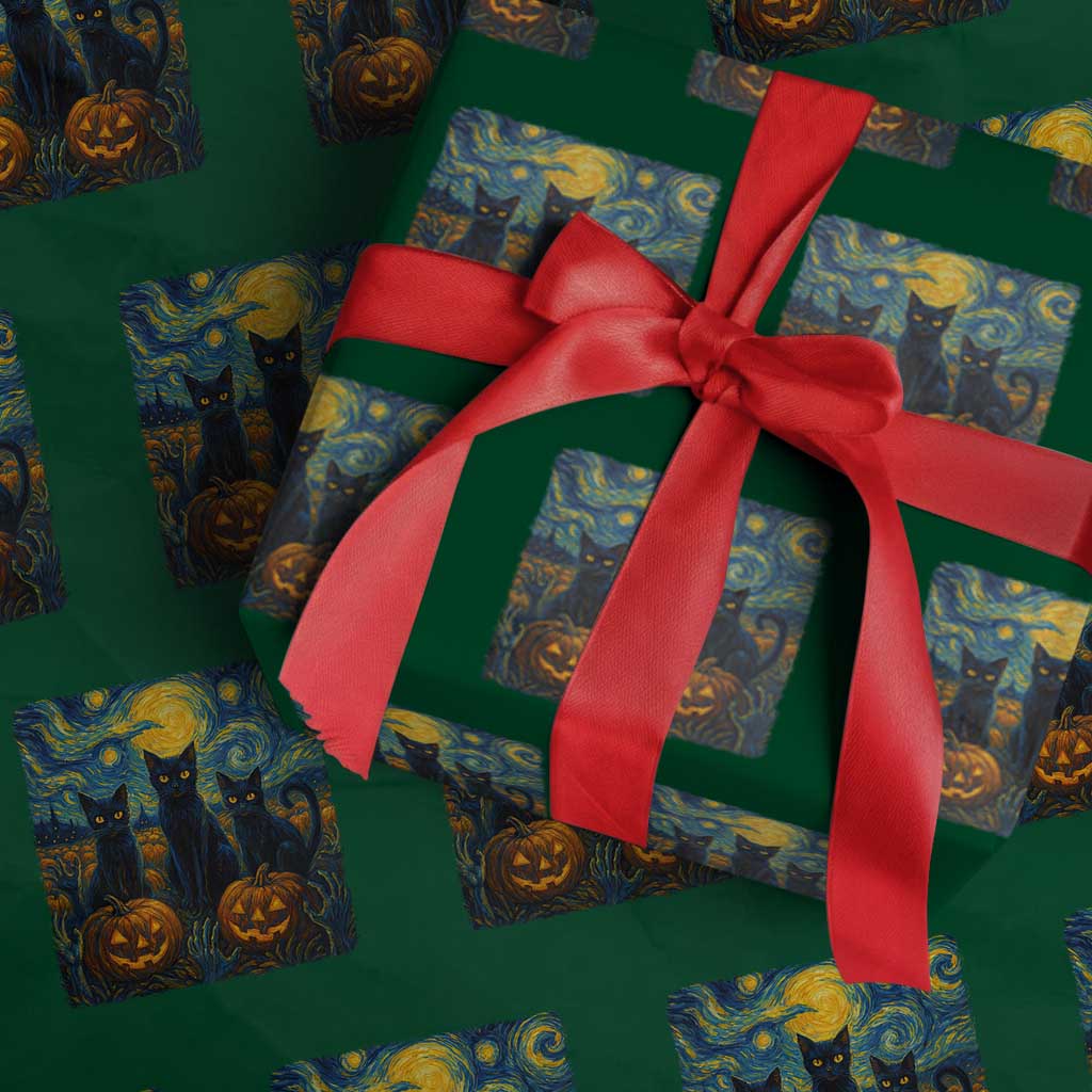 Cat Starry Night Wrapping Paper Roll Funny Cat Lover Gifts Halloween Van Gogh - Wonder Print Shop