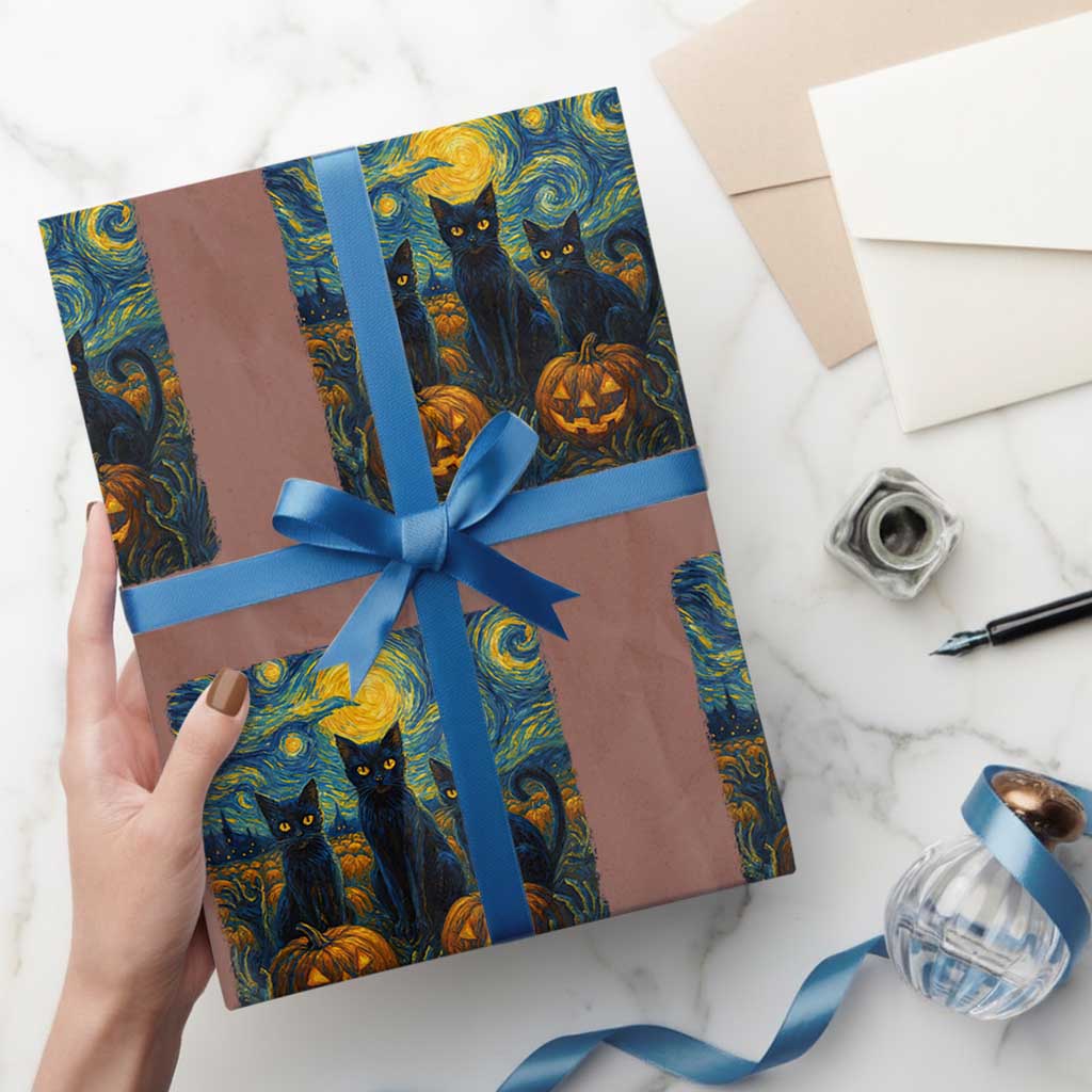 Cat Starry Night Wrapping Paper Roll Funny Cat Lover Gifts Halloween Van Gogh - Wonder Print Shop