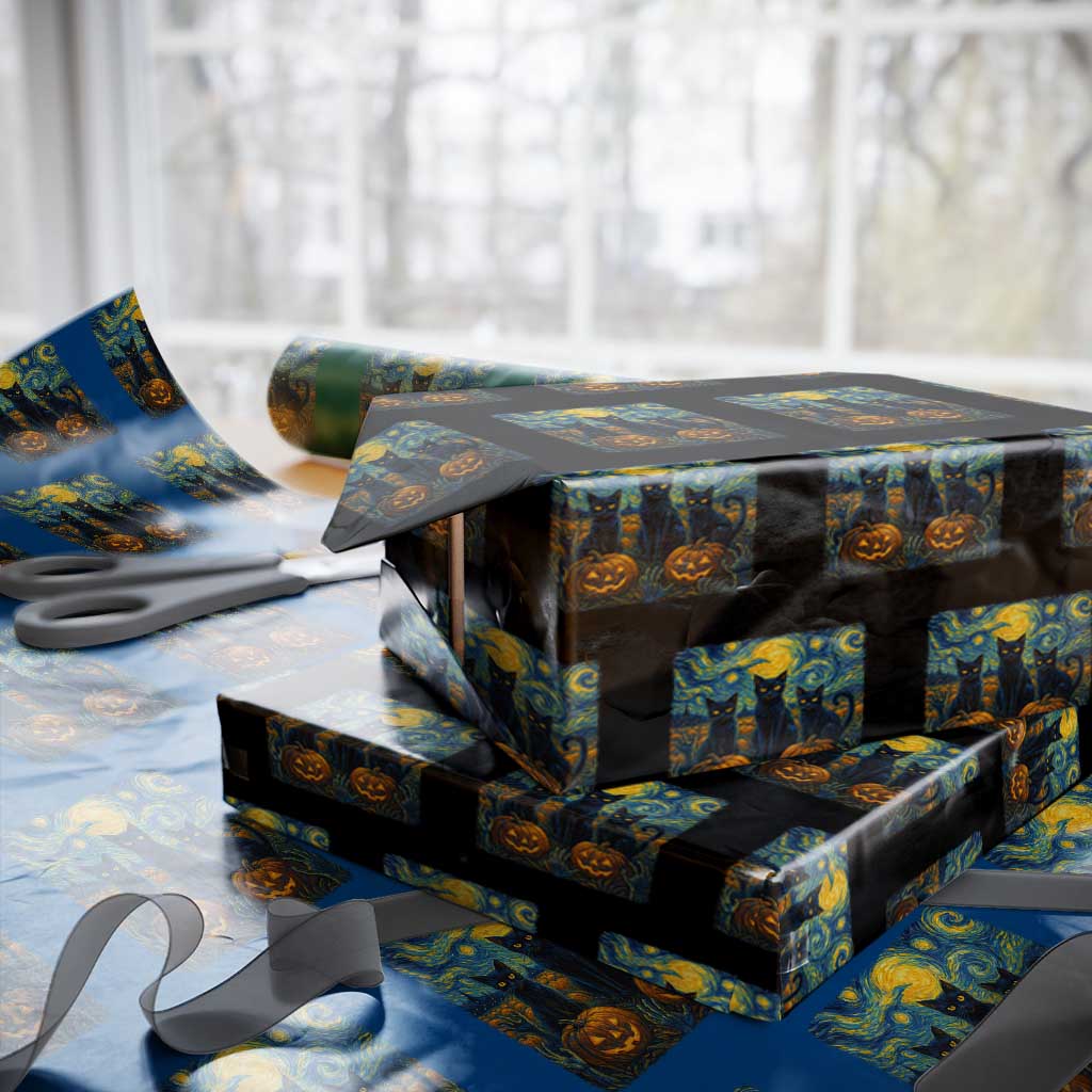 Cat Starry Night Wrapping Paper Roll Funny Cat Lover Gifts Halloween Van Gogh - Wonder Print Shop