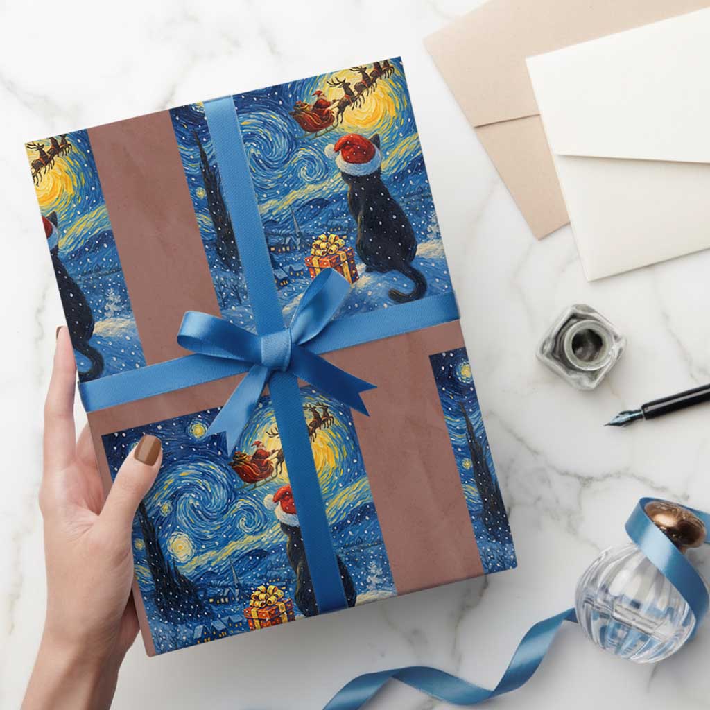 Cat Starry Night Xmas Wrapping Paper Roll Van Gogh Cat Lover Xmas - Wonder Print Shop