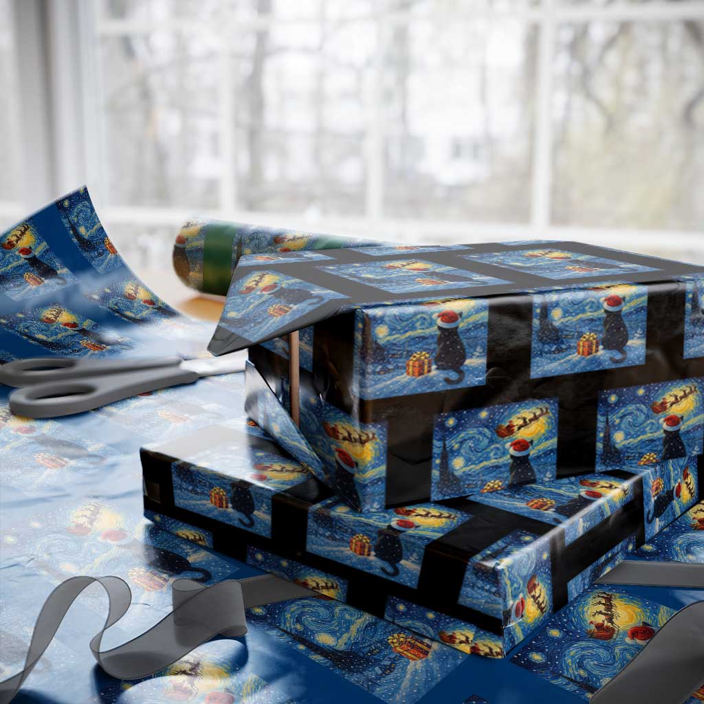 Cat Starry Night Xmas Wrapping Paper Roll Van Gogh Cat Lover Xmas - Wonder Print Shop