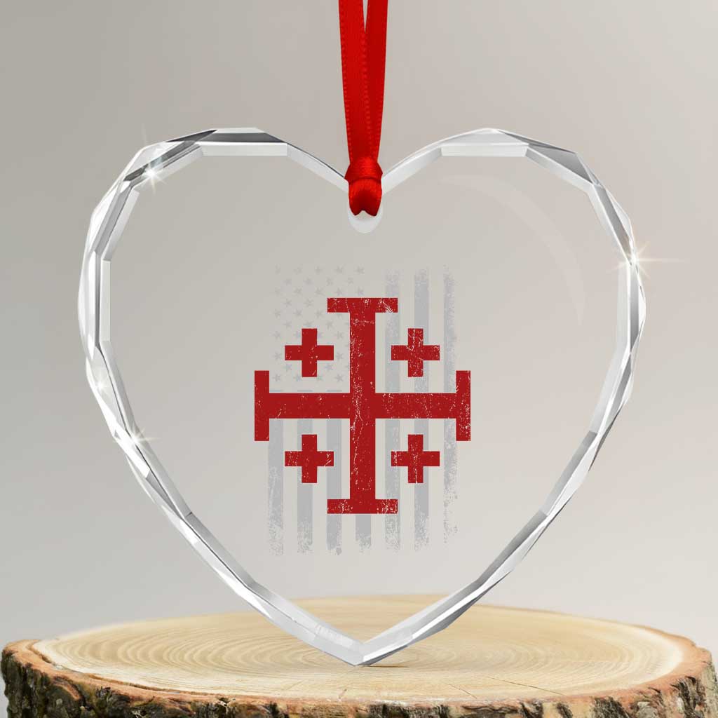 Catholic Crusader Cross Heart Crystal Glass Ornament Knight Templar Patriotic American Flag