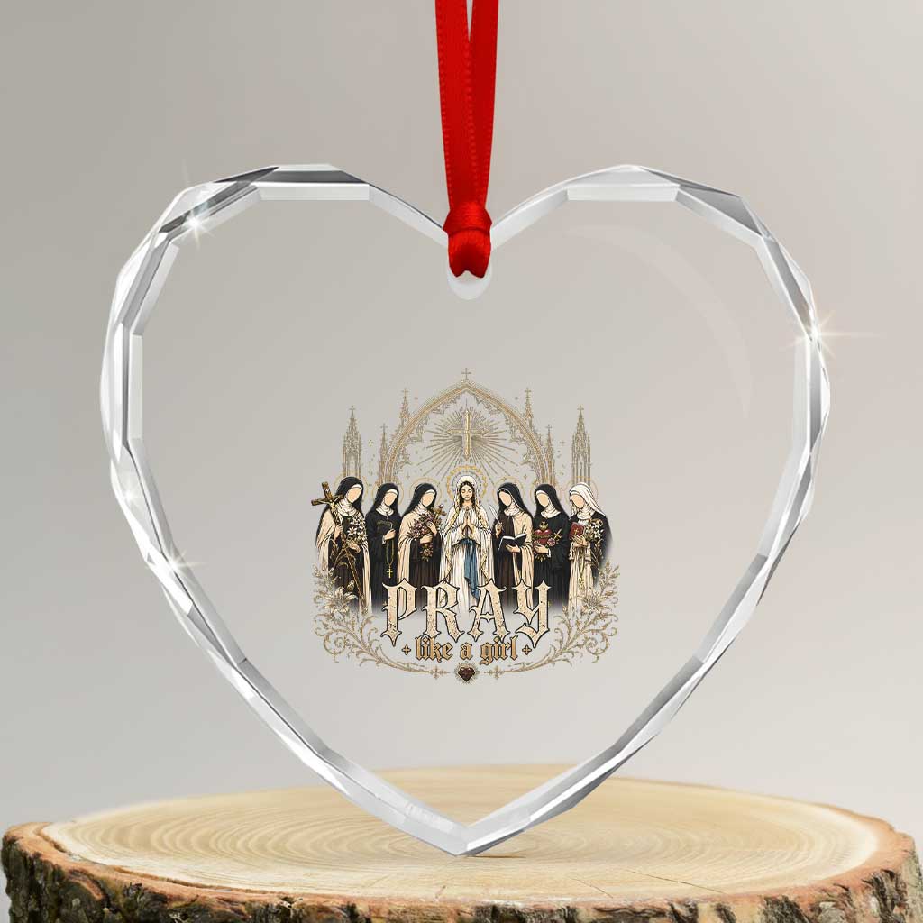 Catholic Saint Heart Crystal Glass Ornament Pray Like A Girl Vintage Christian Faith Inspired