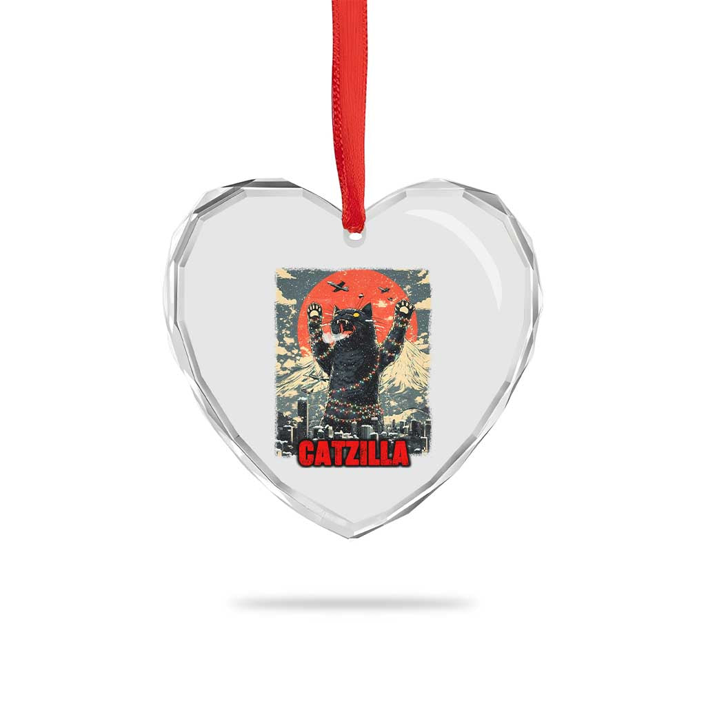 Catzilla Christmas Heart Crystal Glass Ornament Japanese Cat Lover Kitty - Wonder Print Shop