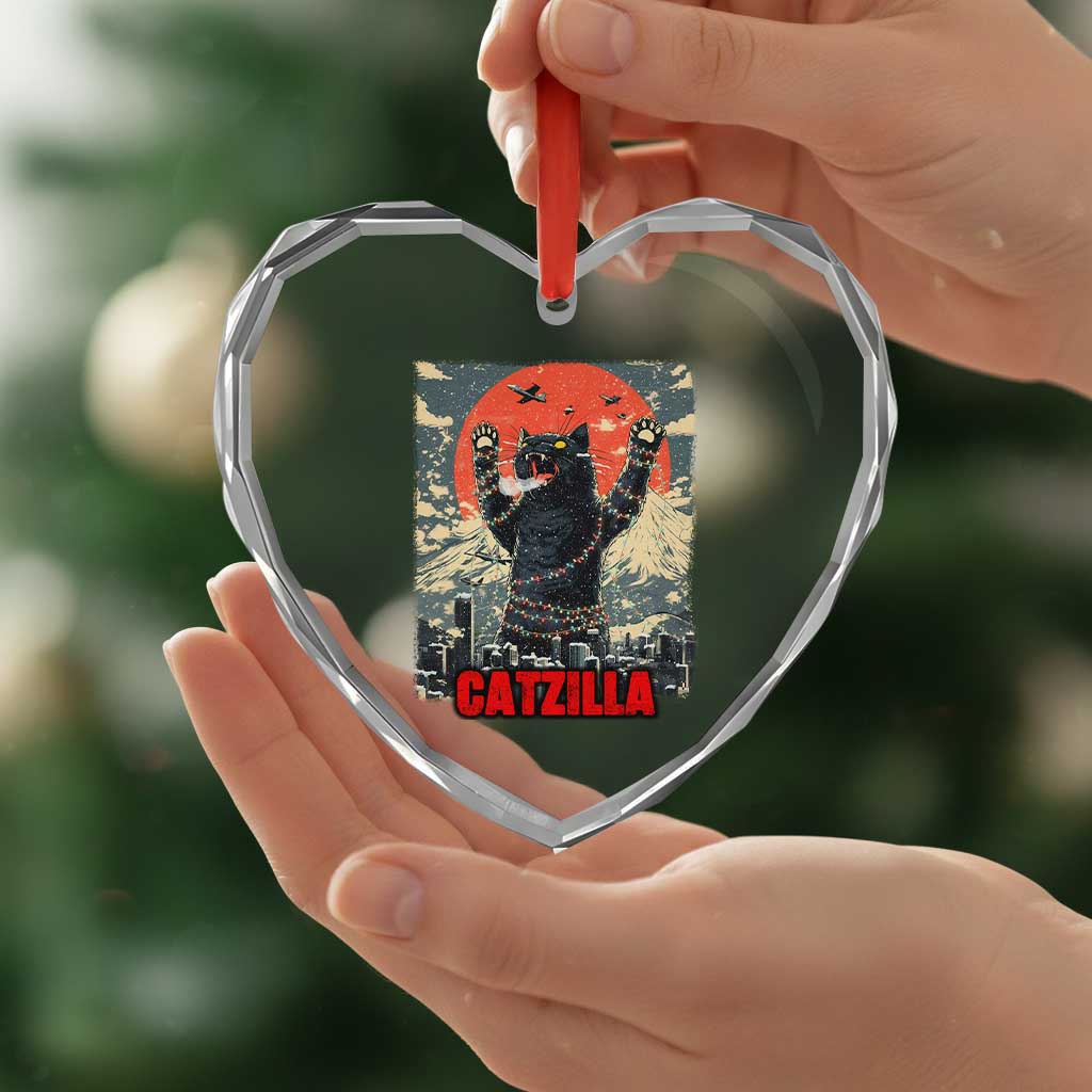 Catzilla Christmas Heart Crystal Glass Ornament Japanese Cat Lover Kitty - Wonder Print Shop