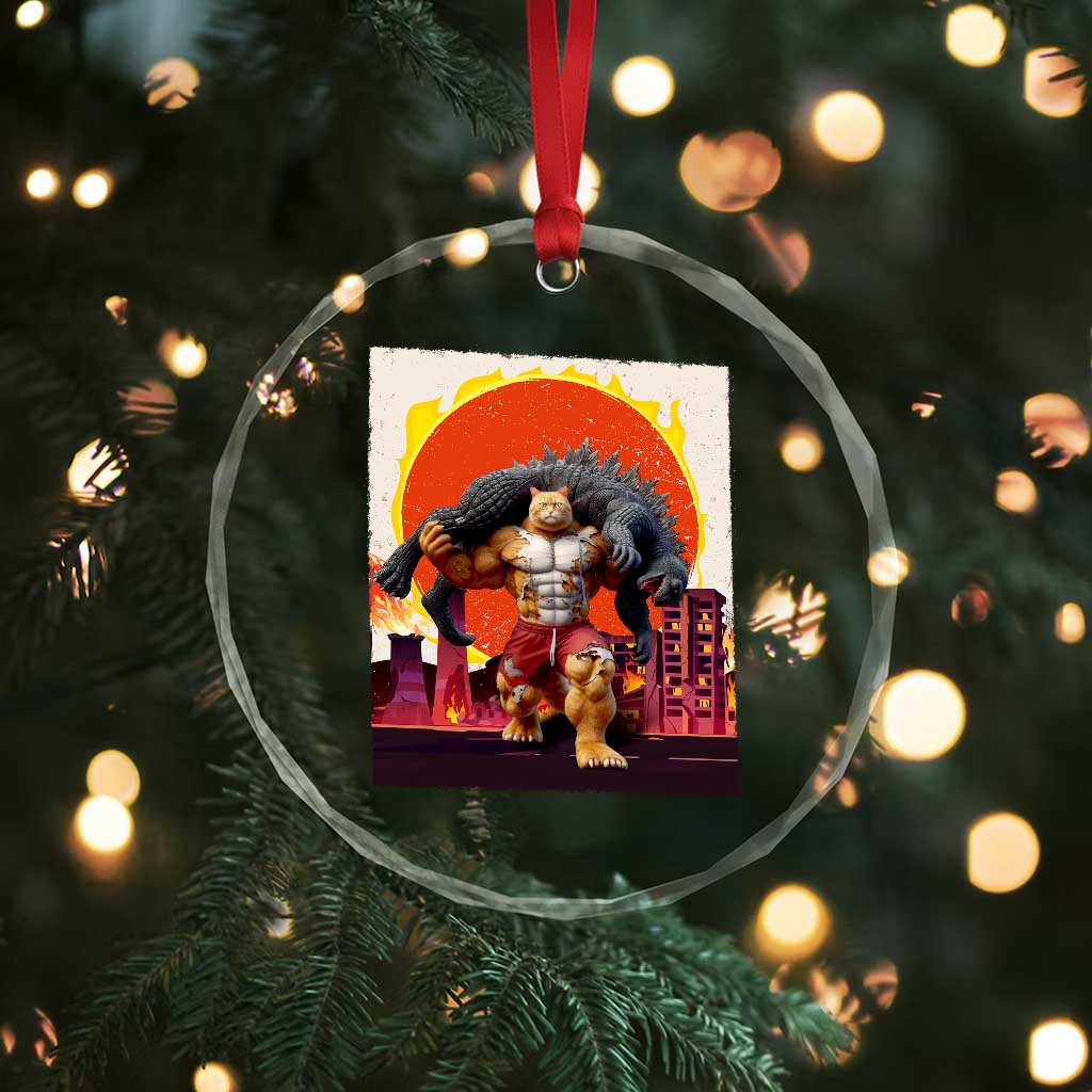 Catzilla Funny Cat Japanese Cityscape Crystal Glass Ornament - Wonder Print Shop