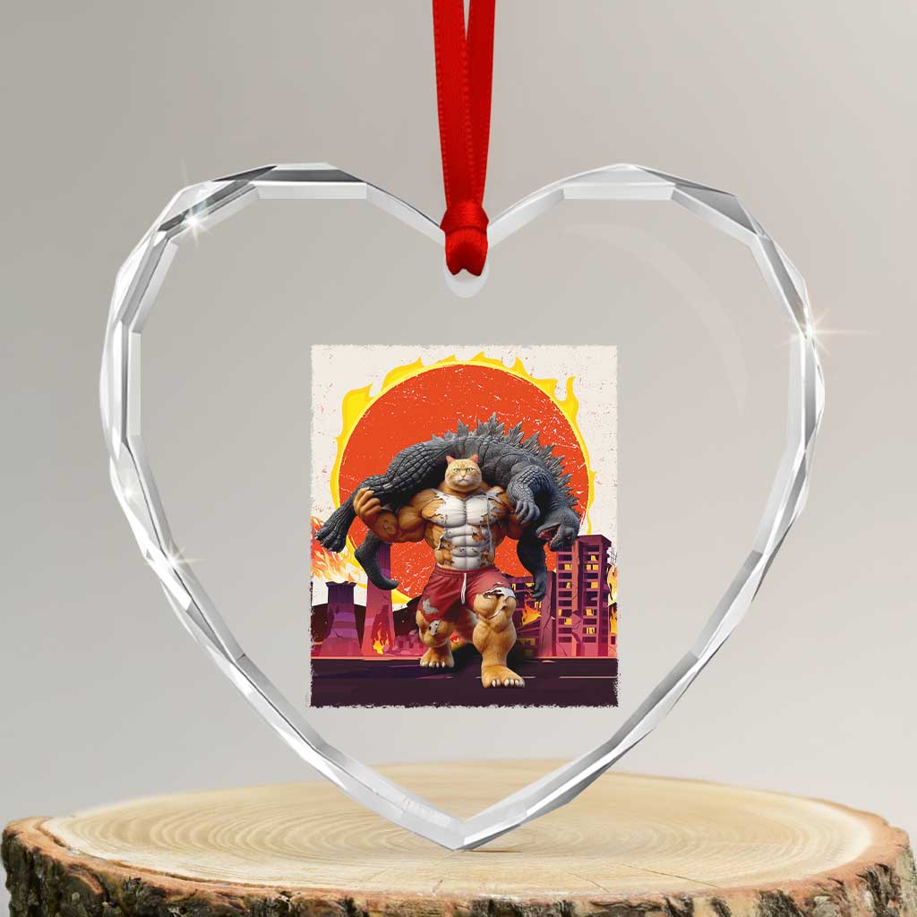 Catzilla Funny Cat Japanese Cityscape Heart Crystal Glass Ornament - Wonder Print Shop