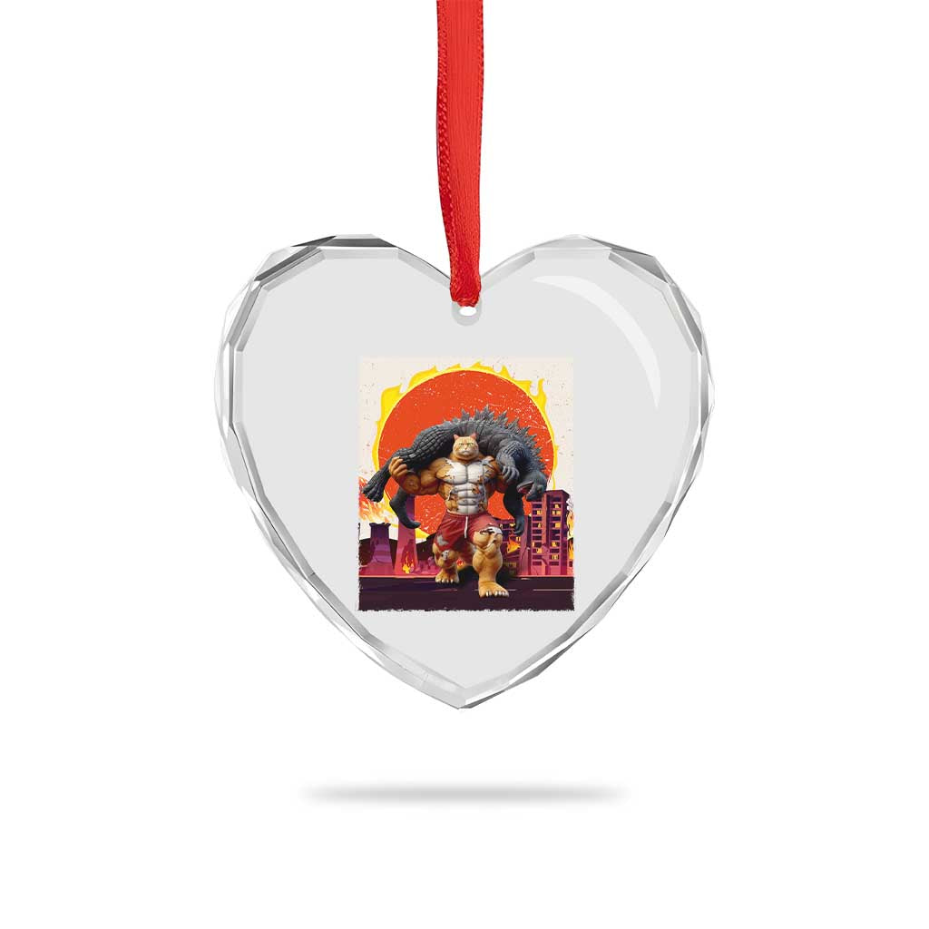 Catzilla Funny Cat Japanese Cityscape Heart Crystal Glass Ornament - Wonder Print Shop