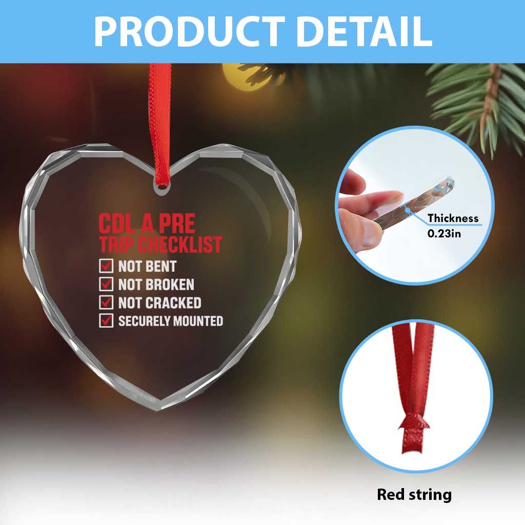 CDL A Pre Trip Checklist Trucker Heart Crystal Glass Ornament Driver Safety Inspection Graphic