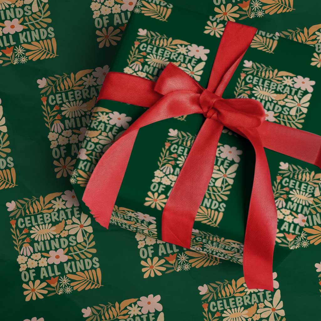 Celebrate Minds Of All Kinds Wrapping Paper Roll Autism Awareness Inspirational Quote Flowers