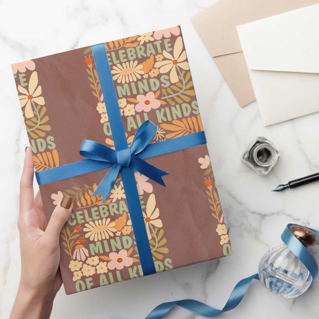 Celebrate Minds Of All Kinds Wrapping Paper Roll Autism Awareness Inspirational Quote Flowers