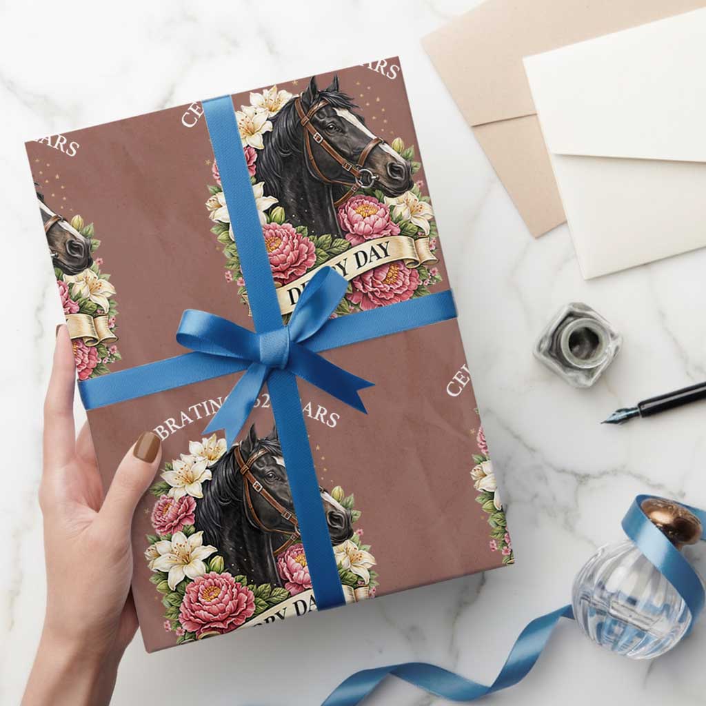 Celebrating 152 Years Derby Day Floral Wrapping Paper Roll Horse Racing Pink Peony White Lily Equestrian 152nd Anniversary