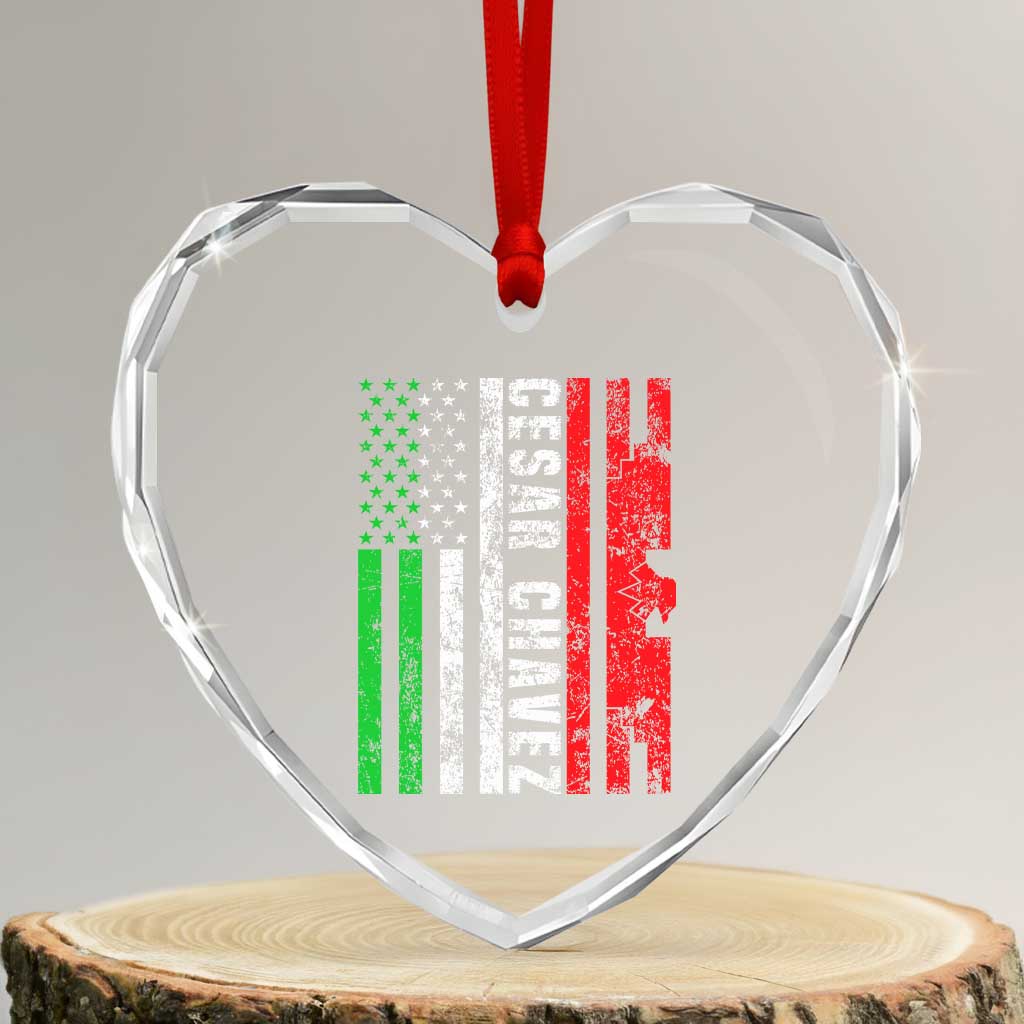 Cesar Chavez Heart Crystal Glass Ornament American Mexican Flag Patriotic Mexico Distressed - Wonder Print Shop