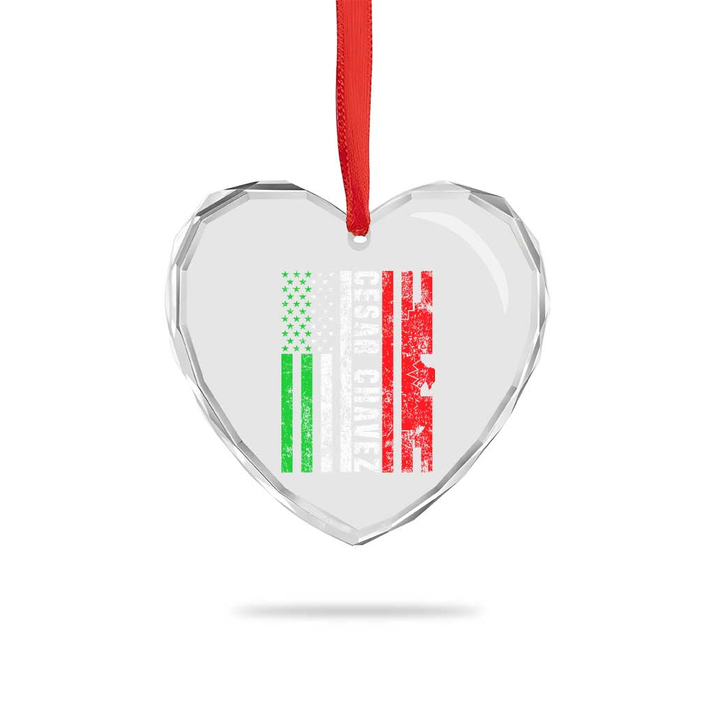 Cesar Chavez Heart Crystal Glass Ornament American Mexican Flag Patriotic Mexico Distressed - Wonder Print Shop