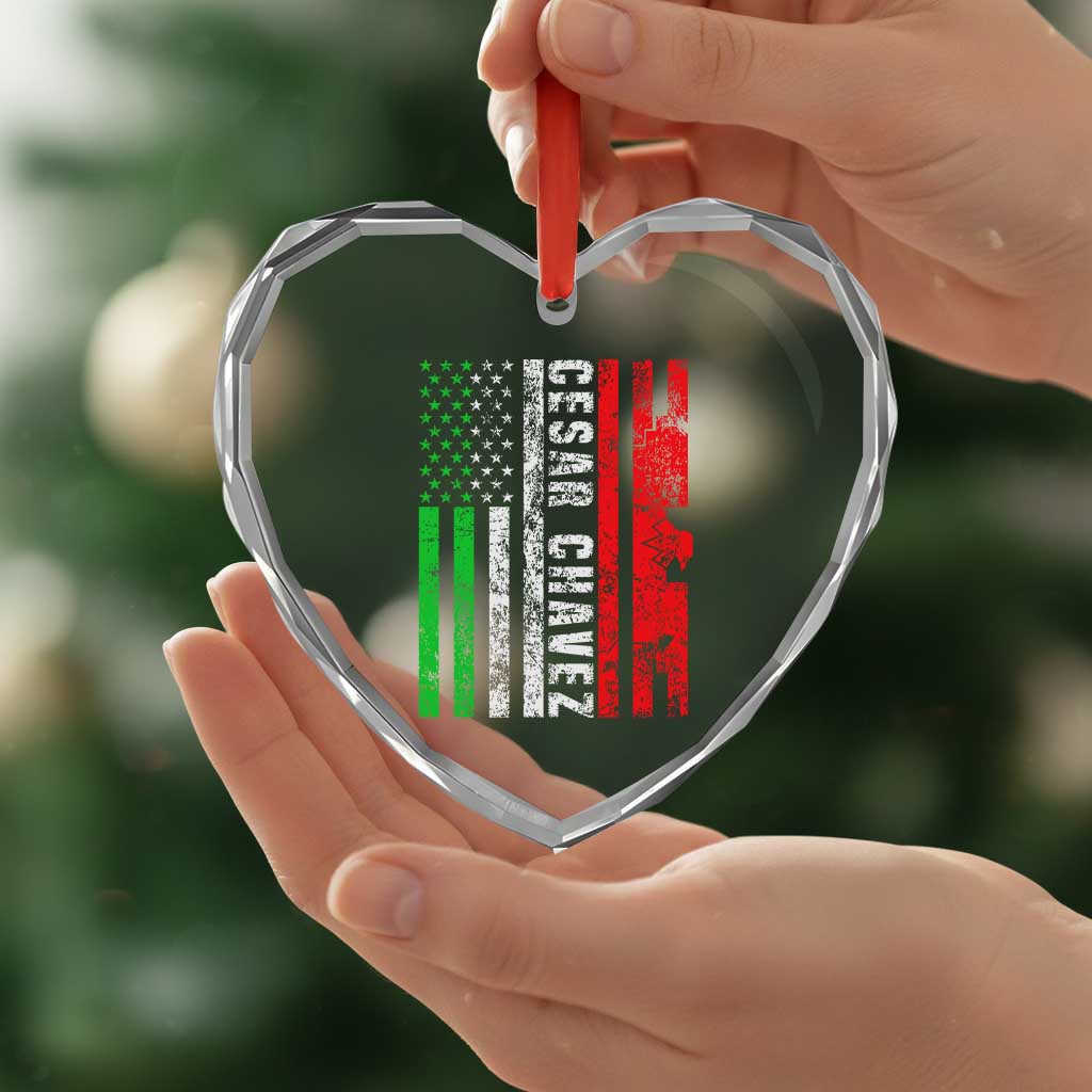 Cesar Chavez Heart Crystal Glass Ornament American Mexican Flag Patriotic Mexico Distressed - Wonder Print Shop