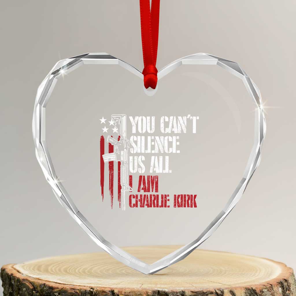 Charlie Kirk Heart Crystal Glass Ornament You Cant Silence Us All USA Flag - Wonder Print Shop