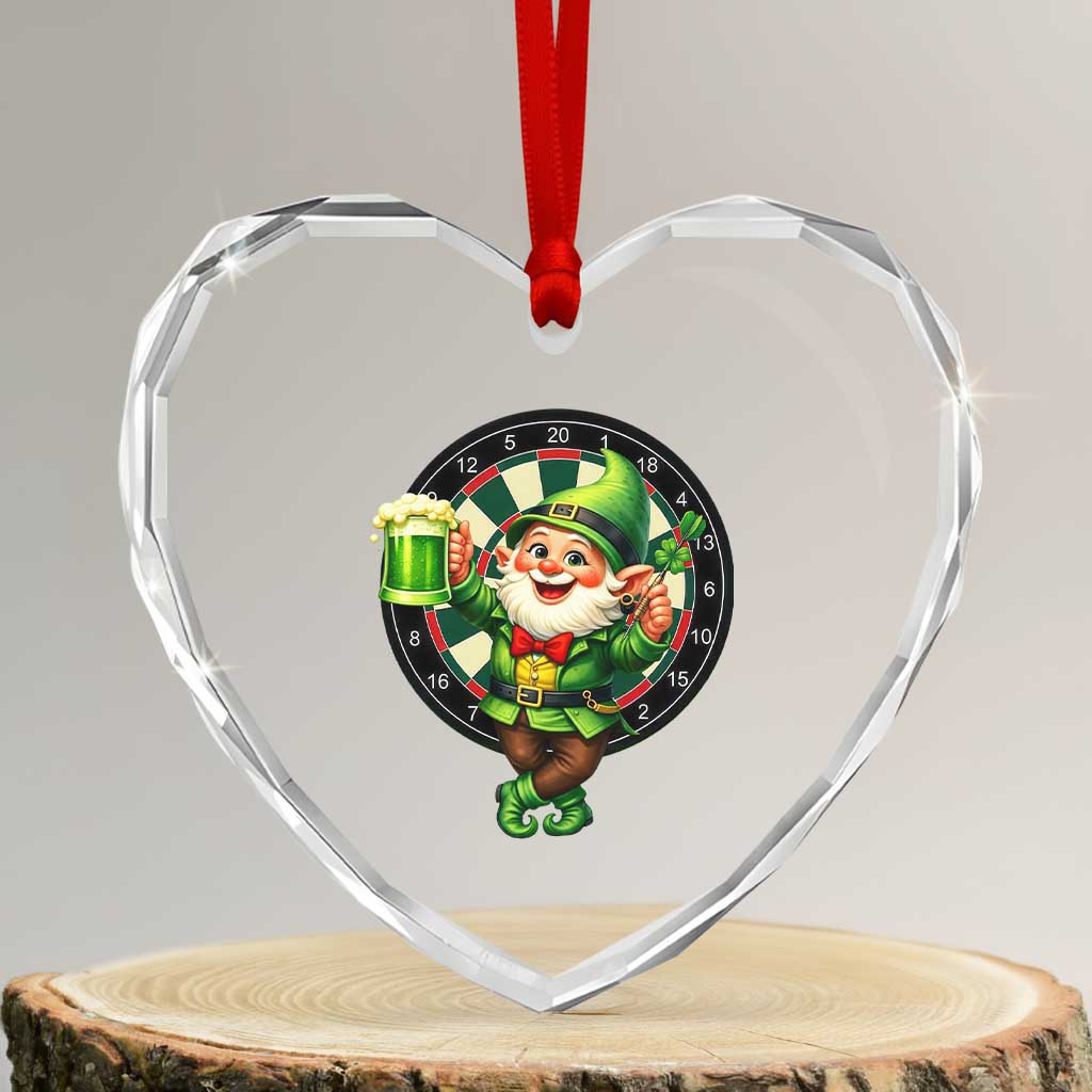 Cheerful Gnome Playing Darts Heart Crystal Glass Ornament St Patricks Day Gift