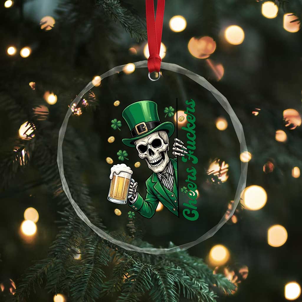 Cheers Fuckers St Patricks Day Crystal Glass Ornament Funny Skeleton Drinking Beer