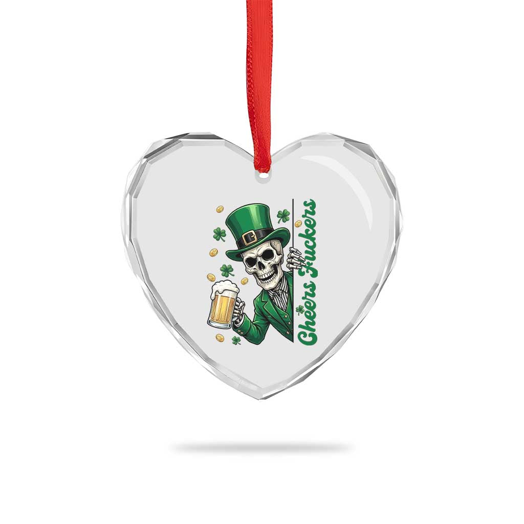 Cheers Fuckers St Patricks Day Heart Crystal Glass Ornament Funny Skeleton Drinking Beer