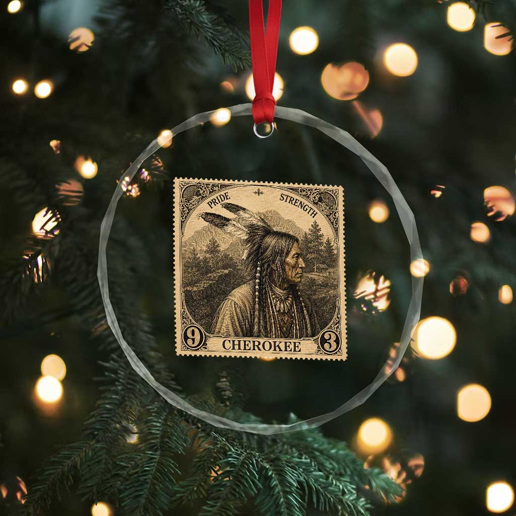 Cherokee Pride Strength Crystal Glass Ornament Native American Vintage Postage Stamp Graphic