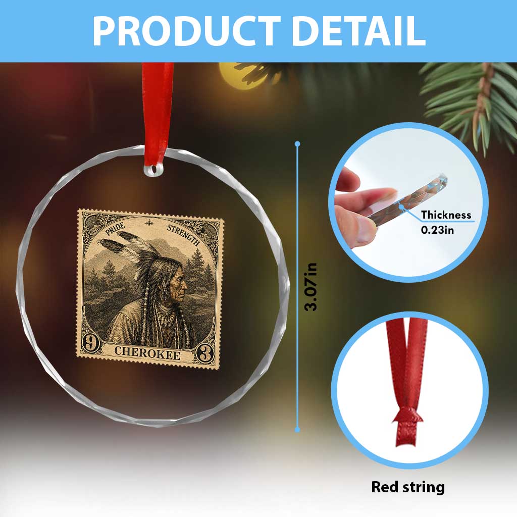 Cherokee Pride Strength Crystal Glass Ornament Native American Vintage Postage Stamp Graphic