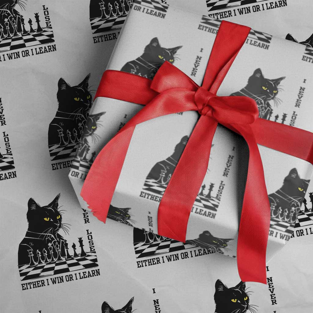 Chess Lover Wrapping Paper Roll I Never Lose Either I Win Or I Learn Elegant Cool Cat