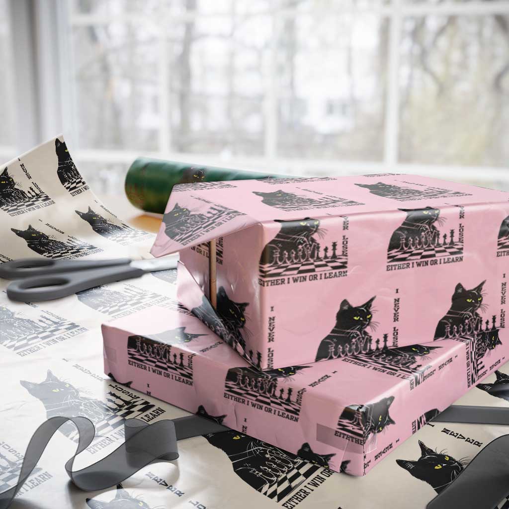Chess Lover Wrapping Paper Roll I Never Lose Either I Win Or I Learn Elegant Cool Cat