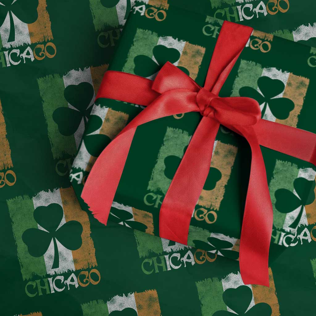 Chicago IL St Patricks Day Wrapping Paper Roll Distressed Shamrock Vintage Irish Flag