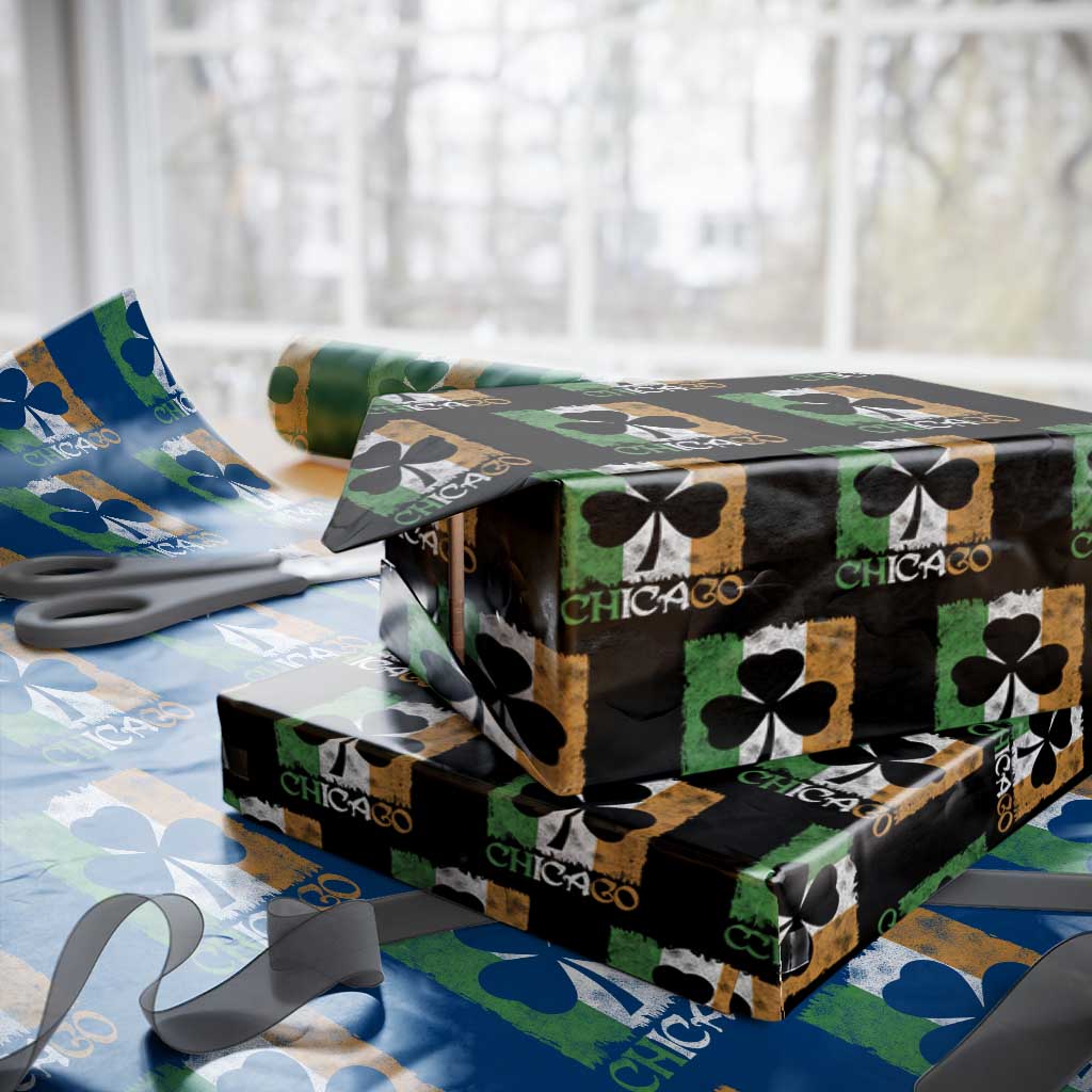 Chicago IL St Patricks Day Wrapping Paper Roll Distressed Shamrock Vintage Irish Flag