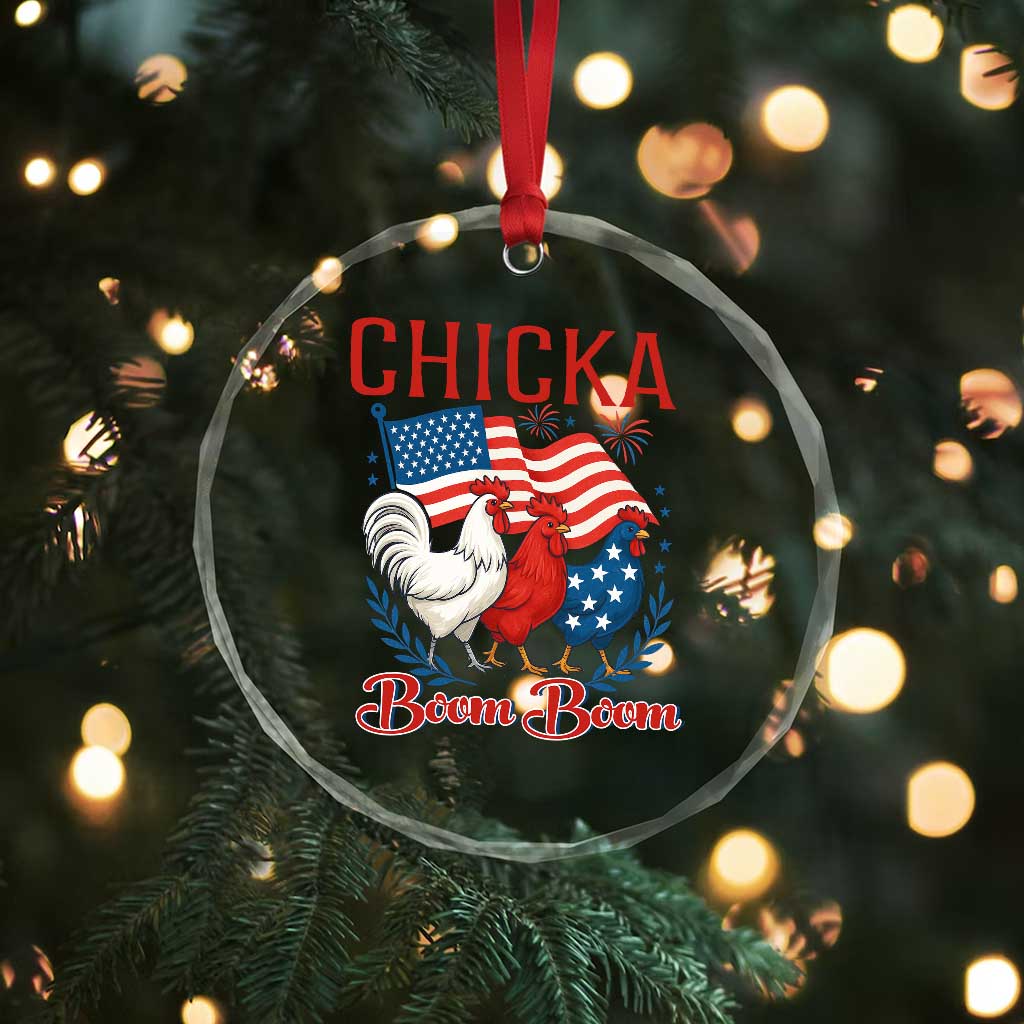 Chicka Boom Boom Patriotic Chicken Crystal Glass Ornament Funny Patriotic 4th of July Red White and Blue Farm TS02