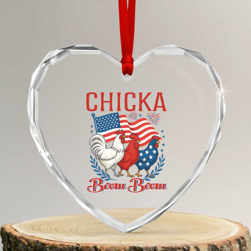 Chicka Boom Boom Patriotic Chicken Heart Crystal Glass Ornament Funny Patriotic 4th of July Red White and Blue Farm - Wonder Print Shop
