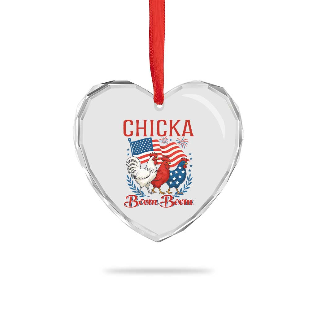 Chicka Boom Boom Patriotic Chicken Heart Crystal Glass Ornament Funny Patriotic 4th of July Red White and Blue Farm - Wonder Print Shop