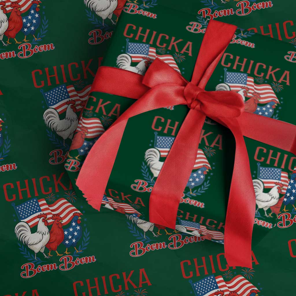 Chicka Boom Boom Patriotic Chicken Wrapping Paper Roll Funny Patriotic 4th of July Red White and Blue Farm - Wonder Print Shop